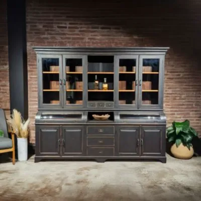 Black sideboard and grocer's cupboard made of teak - country, industrial and vintage style. Interior shop & fast delivery.
