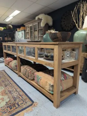Solid teak counter or room divider - rustic, industrial or custom made. Unique furniture and fast delivery.