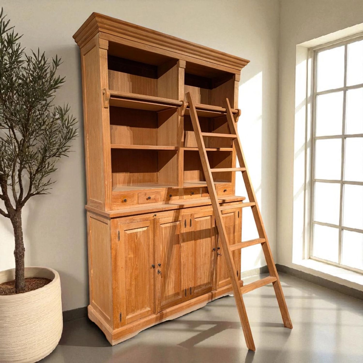 Teakhouten boekenkast met ladder – Bibliotheekkast 160 cm met optie restyling op maat