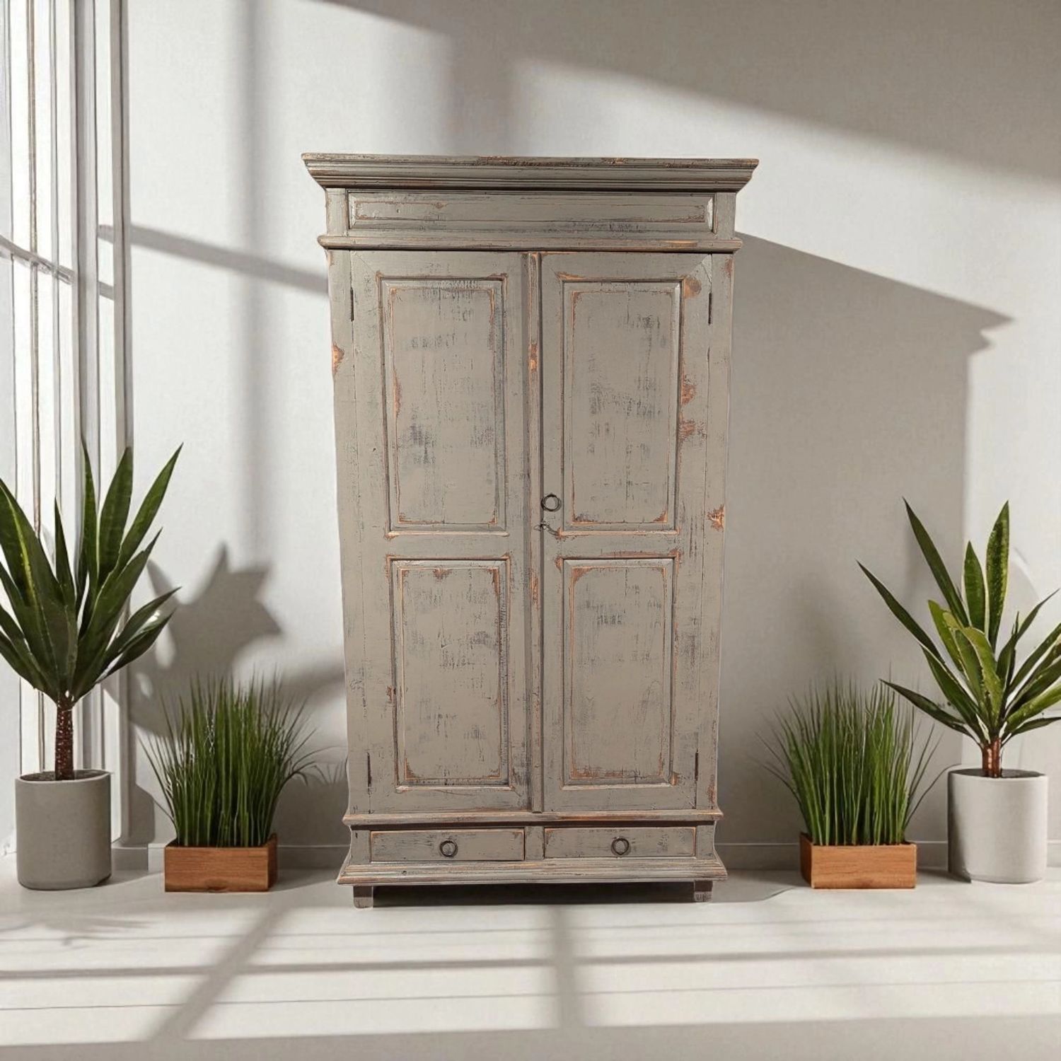 Landelijke teakhouten kast met 2 deuren en 2 lades – Leemkleur old look