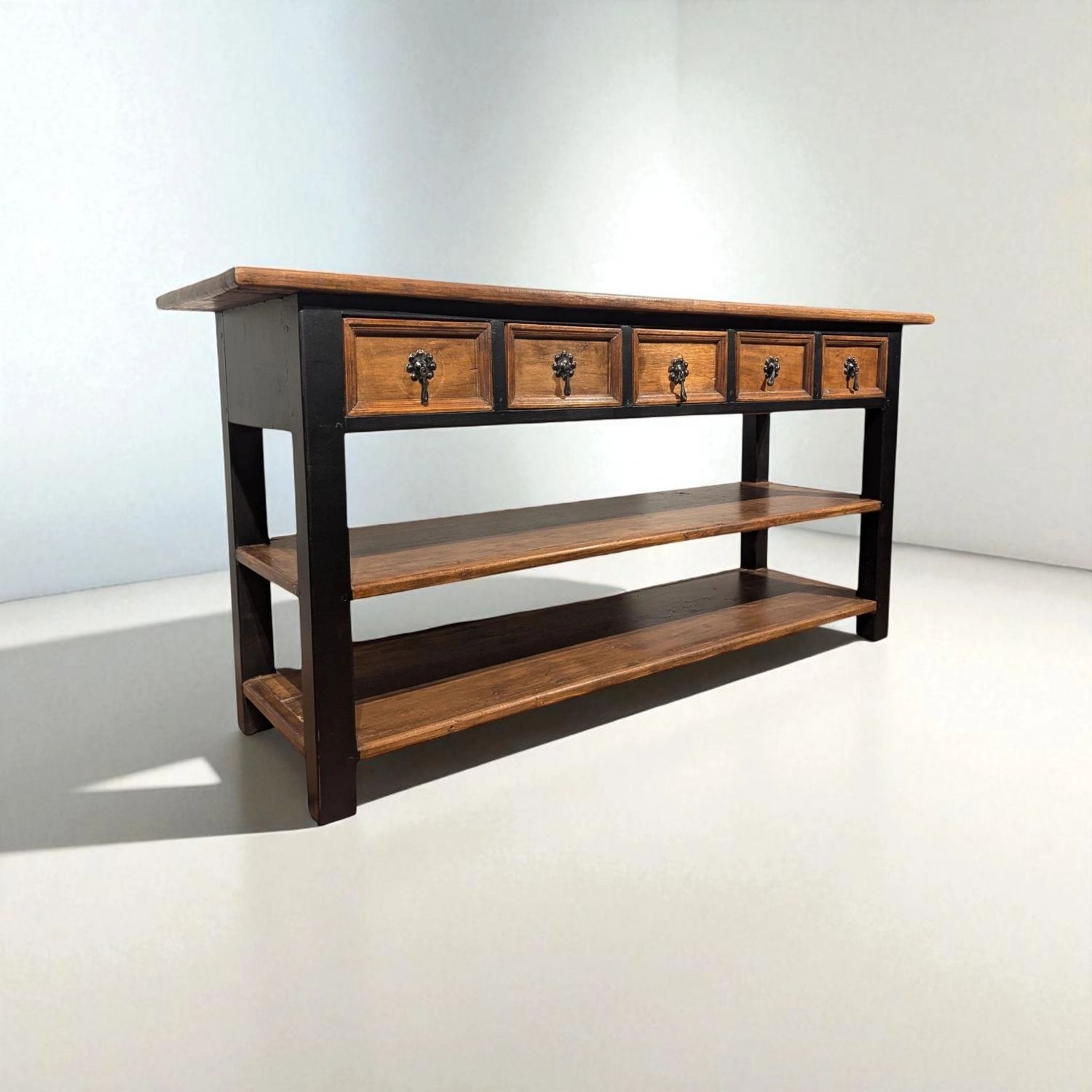 Stoere houten sidetable met 5 lades – Acaciahout zwart frame – 185 cm breed 