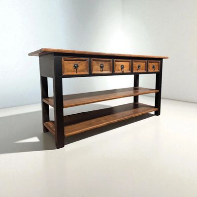 Stoere houten sidetable met 5 lades – Acaciahout zwart frame – 185 cm breed 