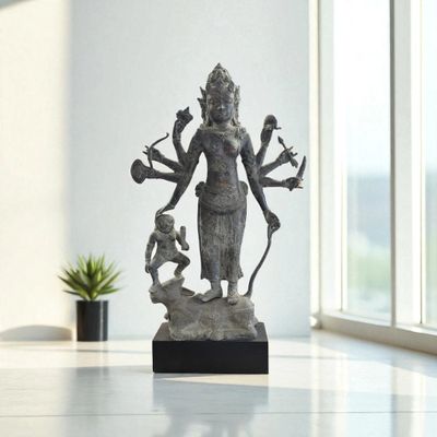 Groot bronzen beeld Durga Mahishasura Mardini – handgemaakt India – 95 cm hoog