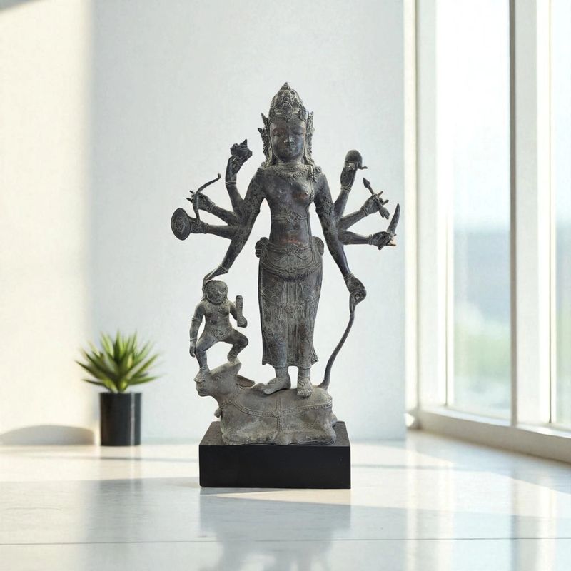 Groot bronzen beeld Durga Mahishasura Mardini – handgemaakt India – 95 cm hoog