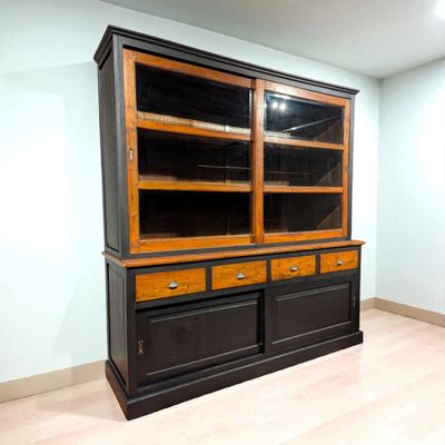 Buffetkast teakhout mat zwart – Vitrinekast 210 x 200 cm – Landelijke keukenkast