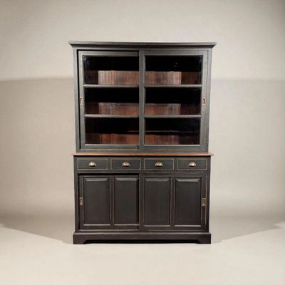 Buffetkast teakhout zwart – Landelijke kast met schuifdeuren (H 220 x B 157 x D 48 cm)