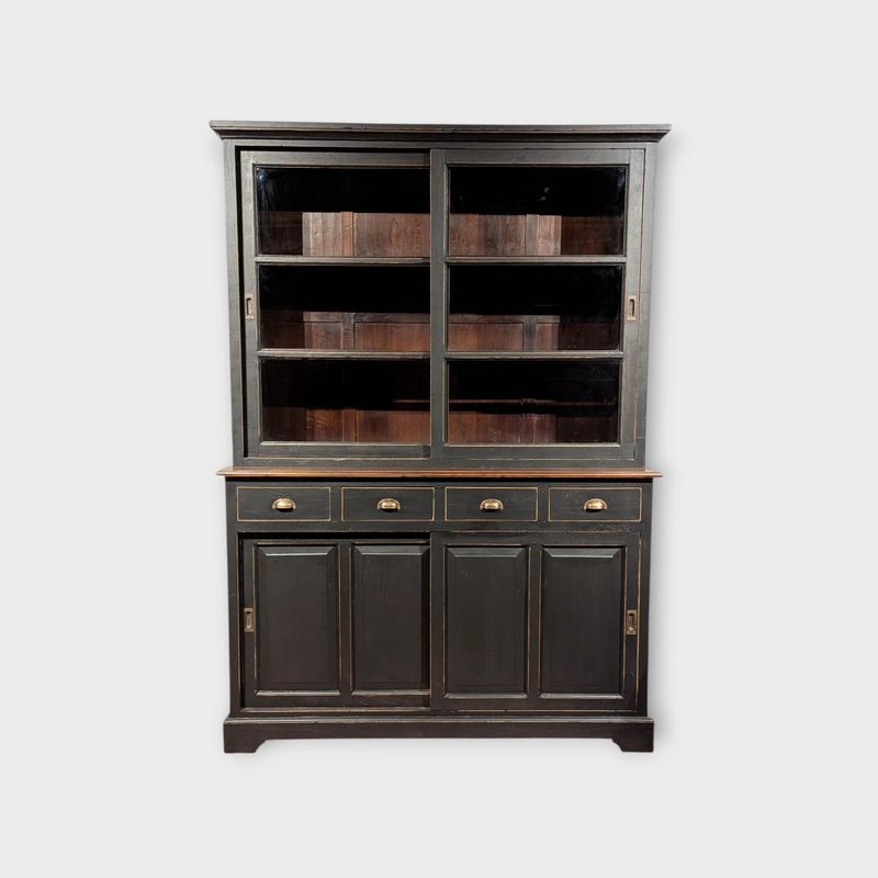 Buffetkast zwart teakhout mat – 157 cm Black teak sideboard, matt, with display doors and drawers, country-style display cabinet, 157 cm