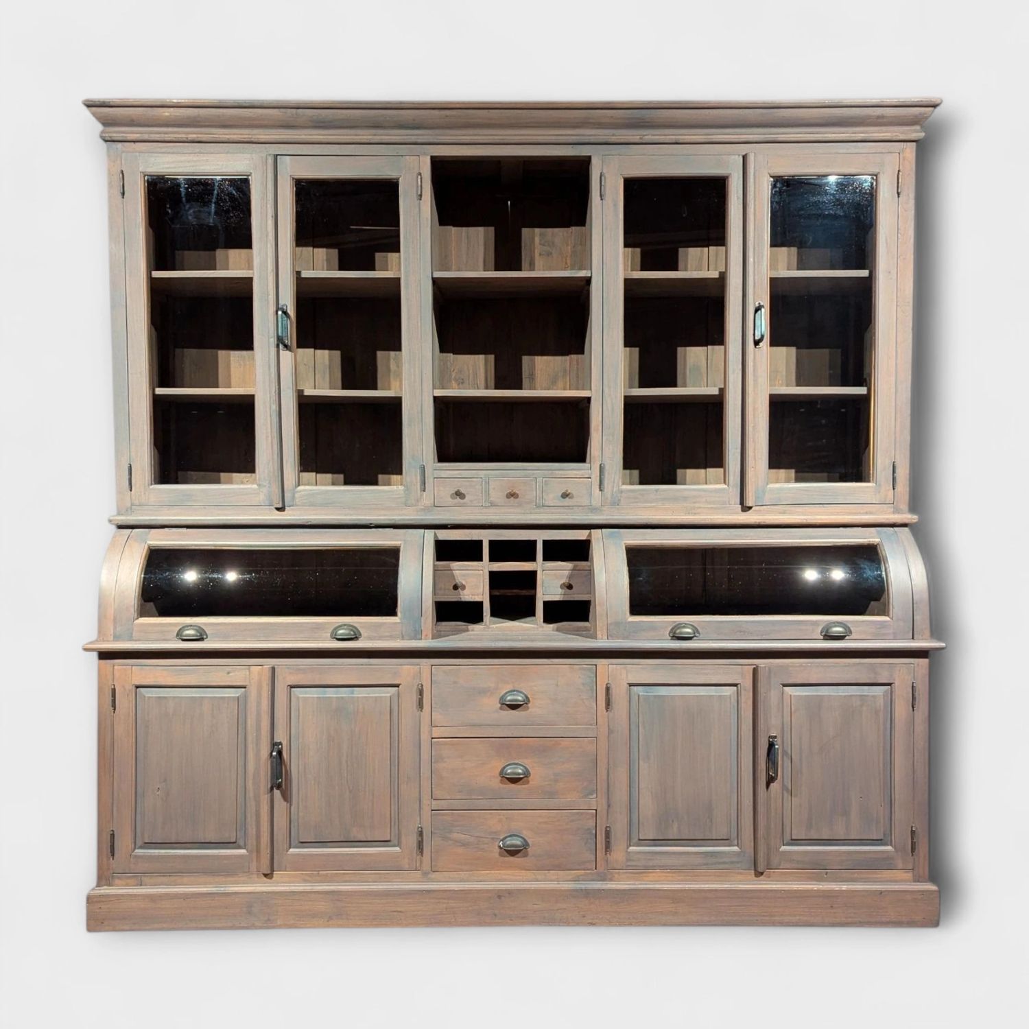 Vitrine d'épicier en bois de teck, style campagnard - Vitrine avec 2 portes vitrées convexes - 225 x 230 x 57 cm