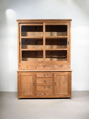 Buffet en teck style campagnard – Vitrine avec portes coulissantes – 224 x 155 x 52 cm