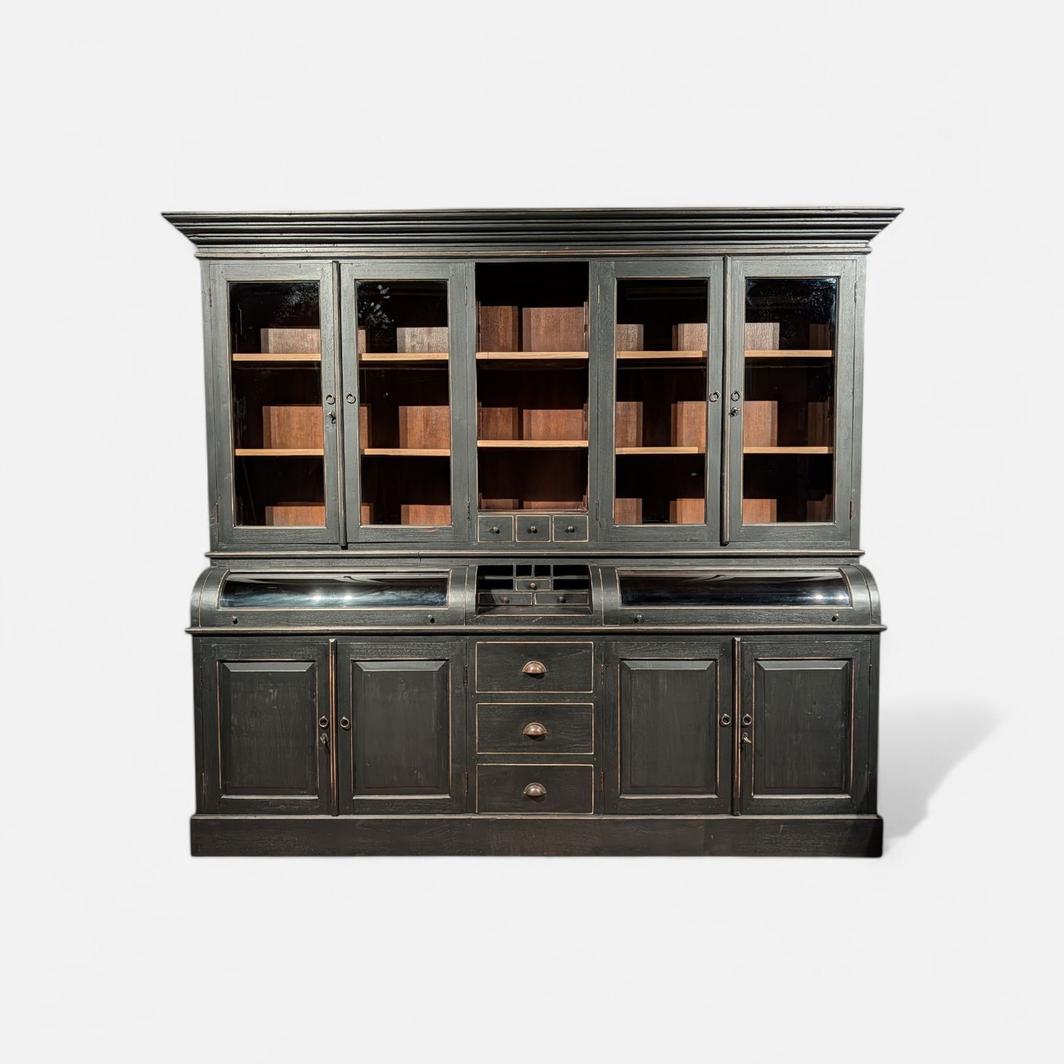 Grutterskast Teakhout Landelijke Stijl – Mat Zwart met Bolglazen Kleppen – 220×253×55 cm Grutterskast Teakhout Landelijke Stijl – Mat Zwart met Bolglazen Kleppen – 220×253×55 cm