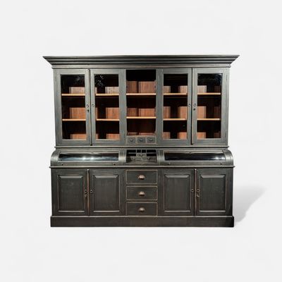 Grutterskast Teakhout Landelijke Stijl – Mat Zwart met Bolglazen Kleppen – 220×253×55 cm