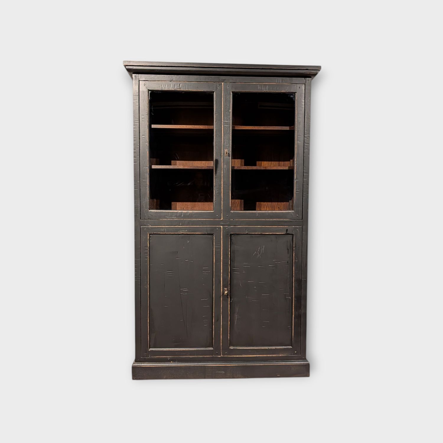 Vitrinekast Eikenhout Landelijke Stijl – Mat Zwart met Geschuurde Randen – 203 x 124 x 47 cm