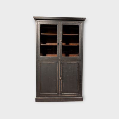Vitrinekast Eikenhout Landelijke Stijl – Mat Zwart met Geschuurde Randen – 203 x 124 x 47 cm Vitrine style campagne en chêne – Noir mat avec bords poncés – 203 x 124 x 47 cm