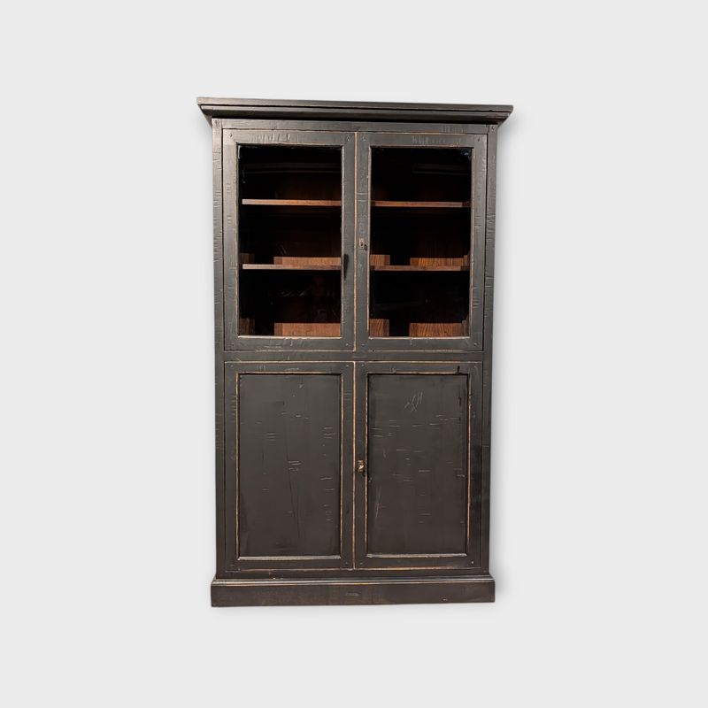 Vitrinekast Eikenhout Landelijke Stijl – Mat Zwart met Geschuurde Randen – 203 x 124 x 47 cm