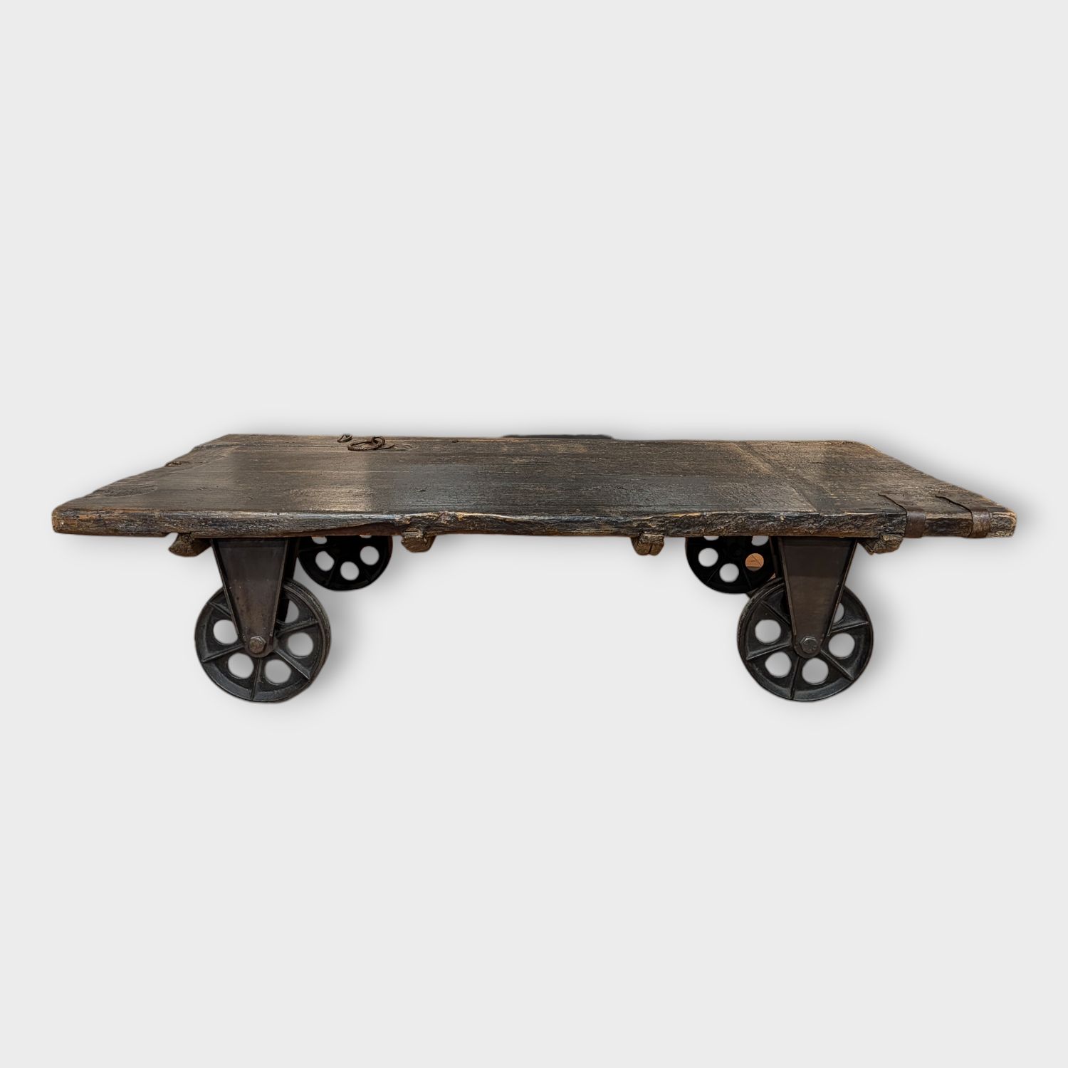 Salontafel Eikenhout Landelijke Stijl – Authentieke Staldeur met Wagonwielen – 41 x 95 x 175 cm