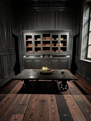 schwarzes Sideboard aus Teakholz, Vorratsschrank im Landhausstil, schwarzes Holz