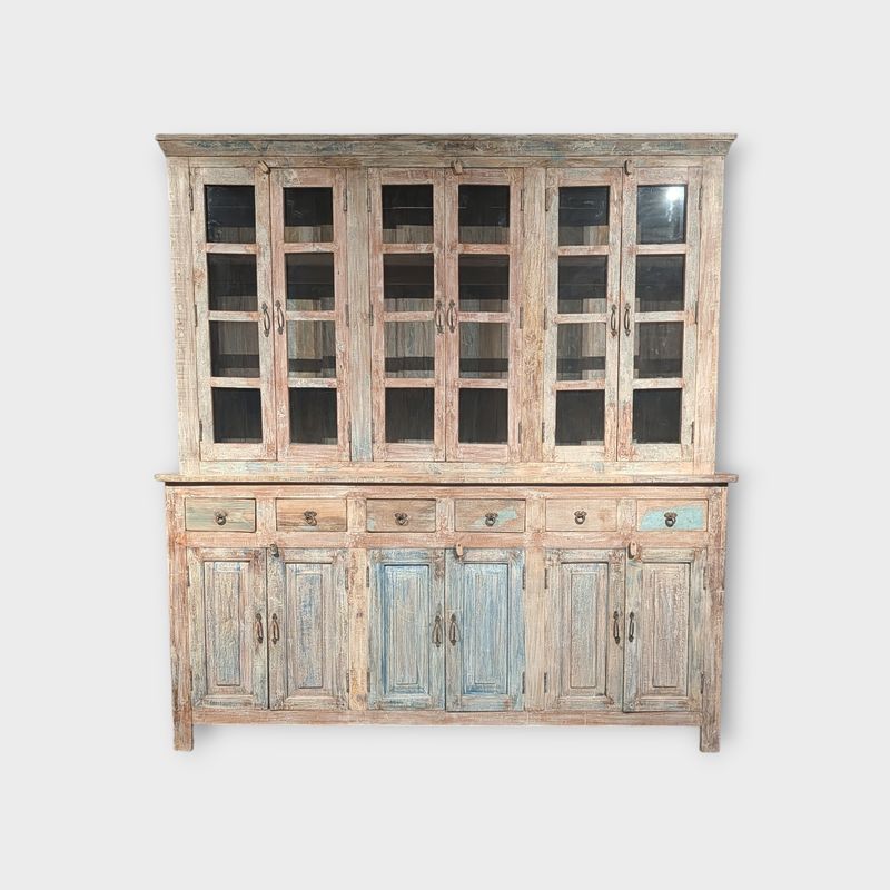 Buffetkast teakhout Ibizastyle bohemian landelijk – uniek door verweerde kleuren – H 236 x B 222 x D 45 Unieke bohemian buffetkast van teakhout in Ibizastyle voor een sfeervol interieur