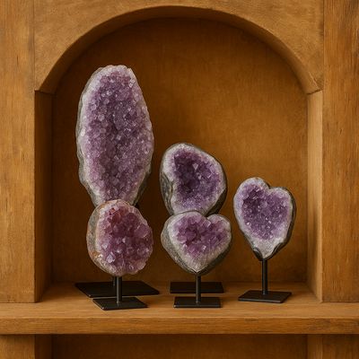 Amethyst geodes on a stand in a rustic niche - crystals and minerals - gemstone interior - Home store and webshop