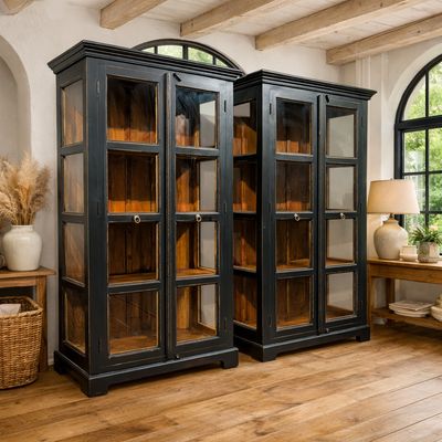 Wooden and teak display cabinet with glass doors, rustic and black display cabinets for living room and kitchen