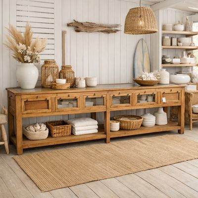 Unique collection of teak sideboards, TV units, chests of drawers, and counters with a warm, country look.