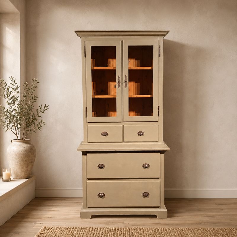 Buffetkast Teakhout Beige - Vitrinekast met Lades - H207 x B103 cm