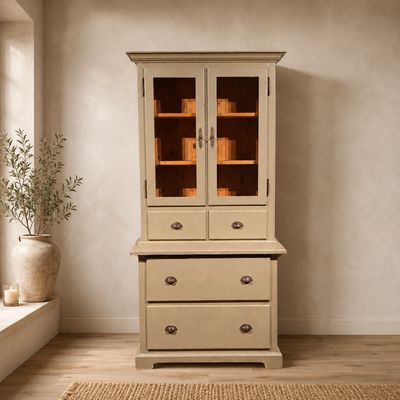 Buffetkast Teakhout Beige - Vitrinekast met Lades - H207 x B103 cm