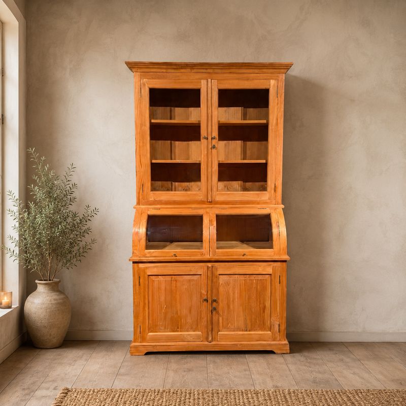 Grutterskast bastiaankast teakhout 120 cm – Buffetkast met glasdeuren en bolglas