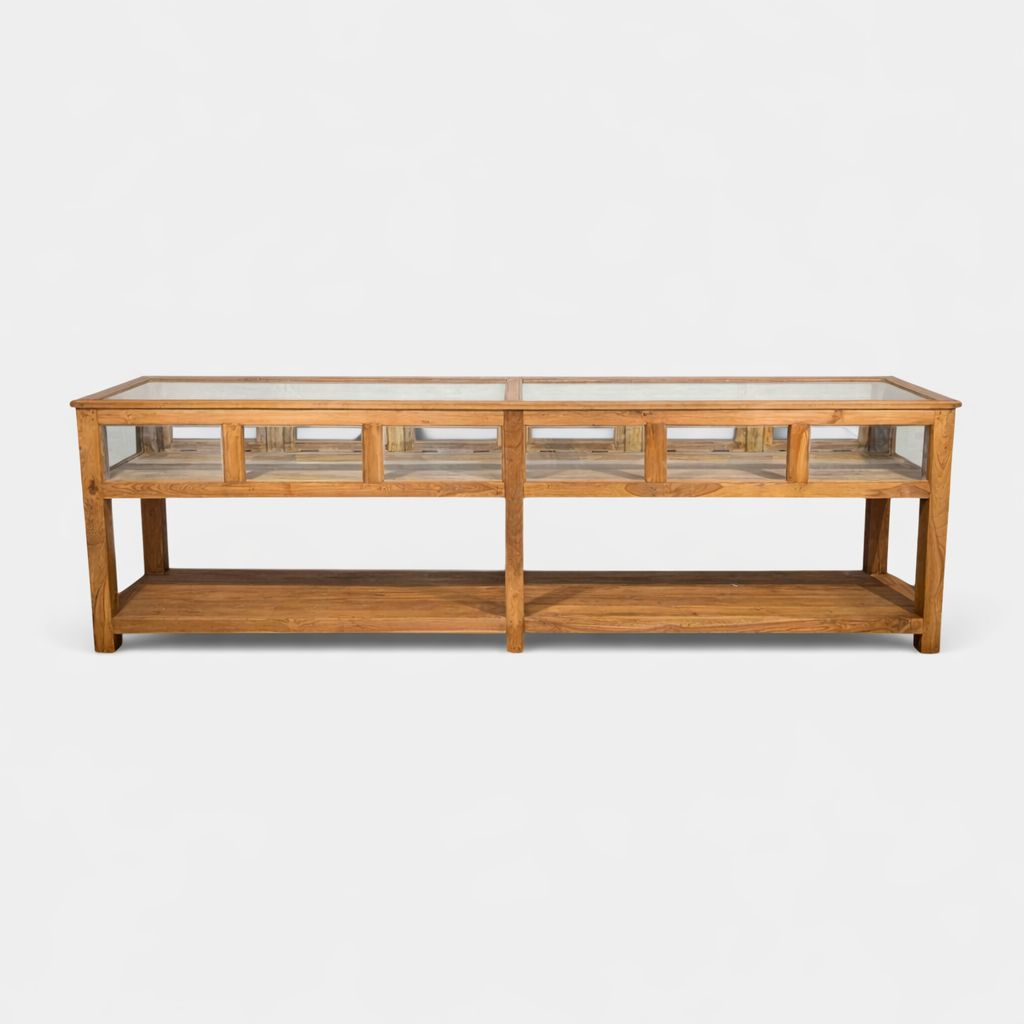 Teak counter 306 cm shop counter with glass and mirrors shop display furniture solid teak