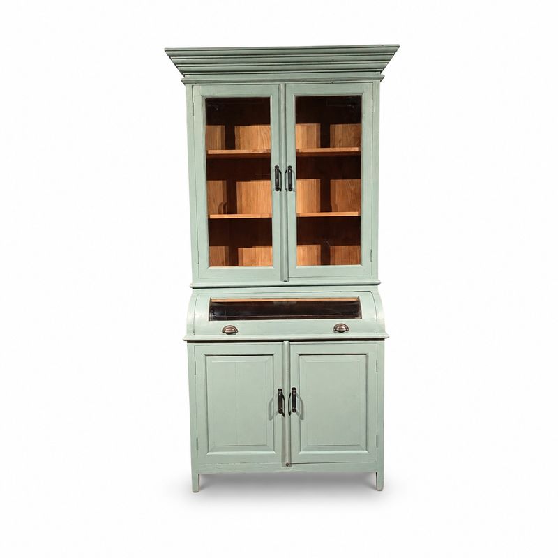 Grutterskast Bastiaankast Teakhout Mintgroen – Buffetkast met Vitrinedeuren 116 cm Grutterskast Bastiaankast Teakhout Mintgroen met Vitrinedeuren en Bolglas – Landelijke Buffetkast H222 x B116 x D55 cm