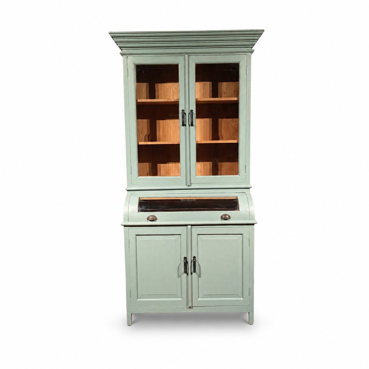 Grutterskast Bastiaankast Teakhout Mintgroen met Vitrinedeuren en Bolglas – Landelijke Buffetkast H222 x B116 x D55 cm