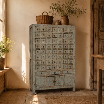 Apothekerskast met kleine lades – lichtblauw patina India