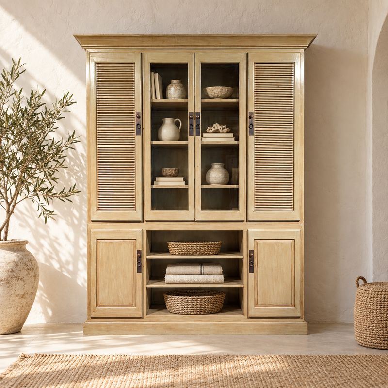 Buffetkast leemkleur hoogglans – Chinese louvre kast 230 cm