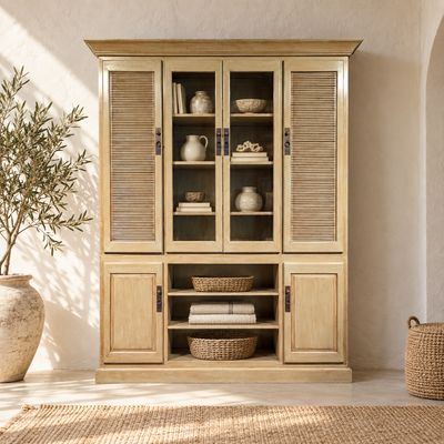 Buffetkast leemkleur hoogglans – Chinese louvre kast 230 cm
