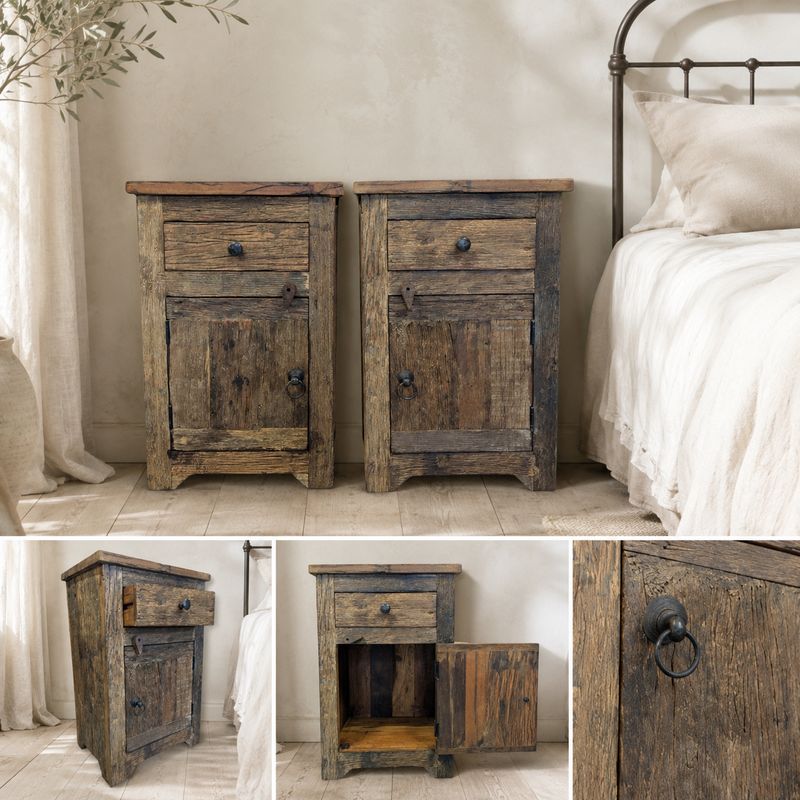 Nachtkastjes Set van 2 – Gerecycled Oud Wagonhout met Lade en Deurtje – H 65 x B 43 x D 30