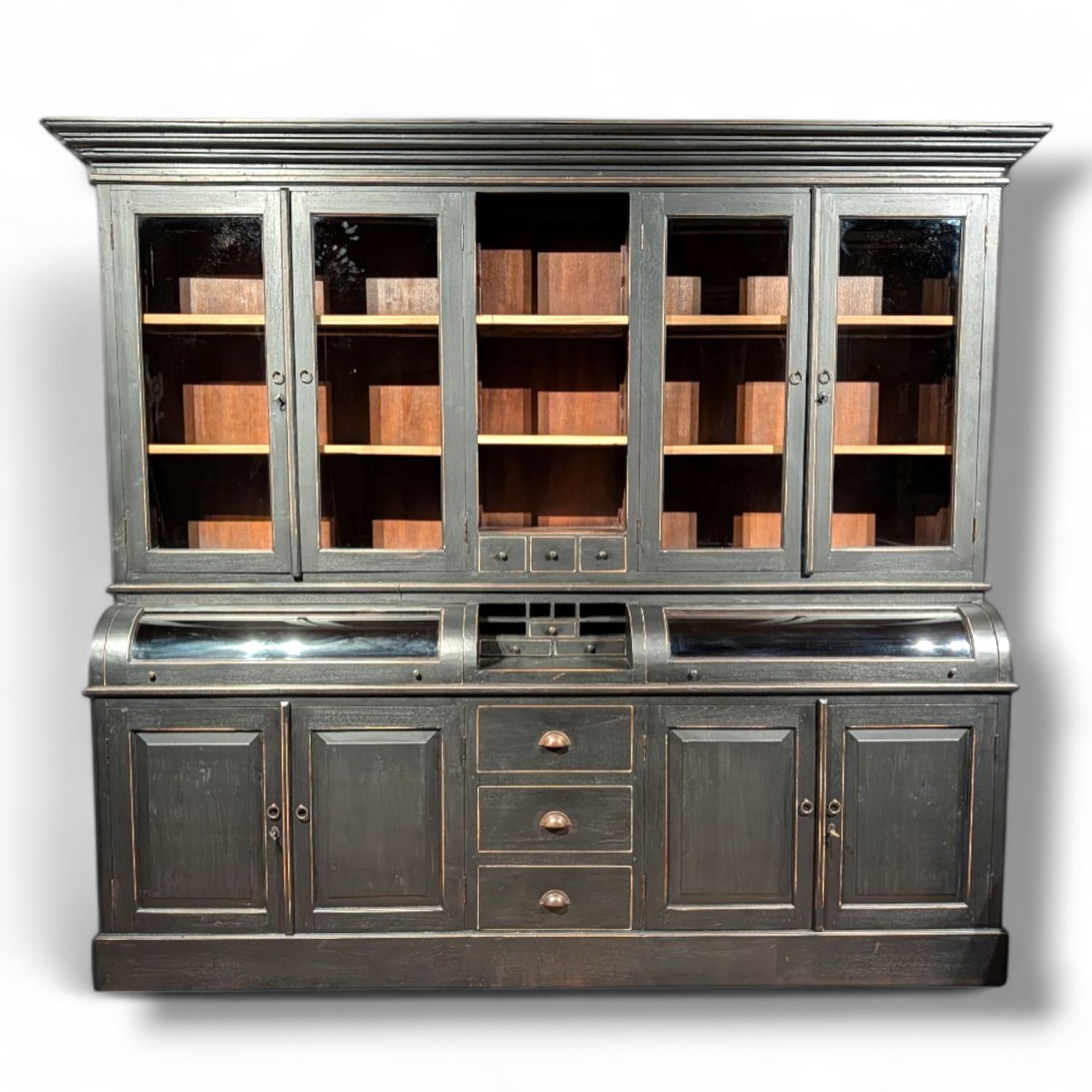 Grutterskast Teakhout Landelijke Stijl – Buffetkast Mat Zwart met Bolglazen Kleppen Grutterskast Teakhout Landelijke Stijl – Buffetkast Mat Zwart met Bolglazen Kleppen