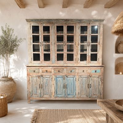 Buffetkast teakhout Ibizastyle bohemian landelijk – uniek door verweerde kleuren – H 236 x B 222 x D 45