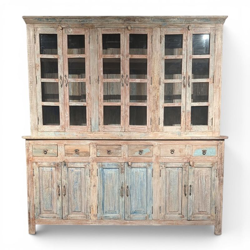 Buffetkast teakhout Ibizastyle bohemian landelijk – uniek door verweerde kleuren – H 236 x B 222 x D 45 Buffetkast teakhout Ibizastyle bohemian landelijk – uniek door verweerde kleuren – H 236 x B 222 x D 45