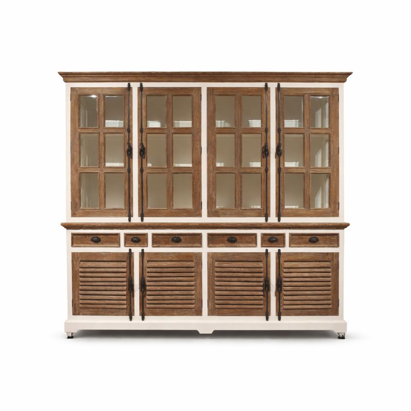 Buffetkast Landelijk Massief Hout – Louvre deuren – Facetglas &amp; Espagnoletslot – H221 x B240 x D46