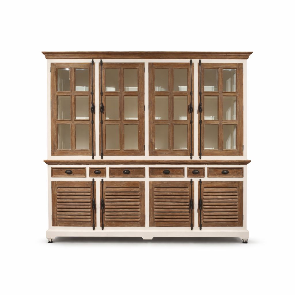 Buffetkast Landelijk Massief Hout – Louvre deuren – Facetglas &amp; Espagnoletslot – H221 x B240 x D46