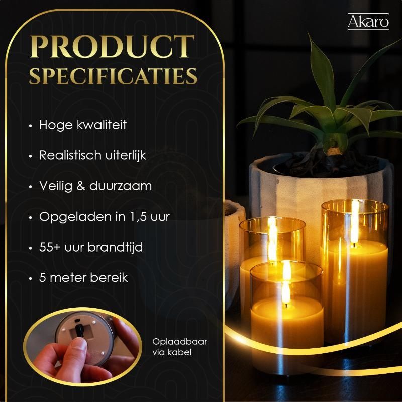 Oplaadbare LED kaarsen – Goud glas – Met afstandsbediening – Set van 3