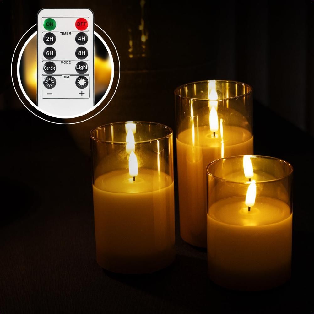Oplaadbare LED kaarsen – Goud glas – Met afstandsbediening – Set van 3 Oplaadbare LED kaarsen – Goud glas – Met afstandsbediening – Set van 3