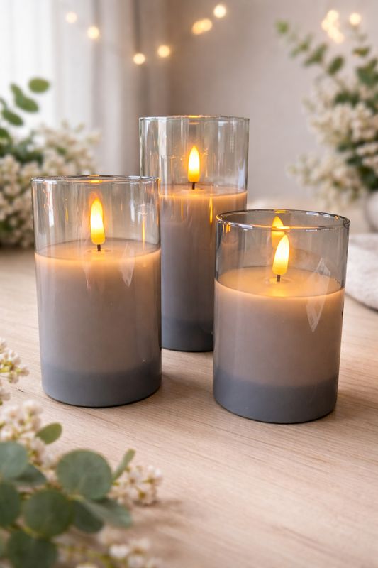 Oplaadbare LED kaarsen – Grijs glas – Met afstandsbediening – Set van 3 Oplaadbare LED kaarsen – Grijs glas – Met afstandsbediening – Set van 3 – Ø 7,5 cm