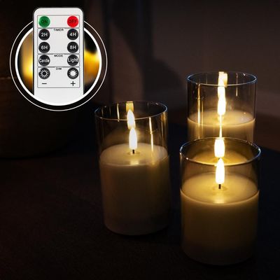 Oplaadbare LED kaarsen – Grijs glas – Met afstandsbediening – Set van 3