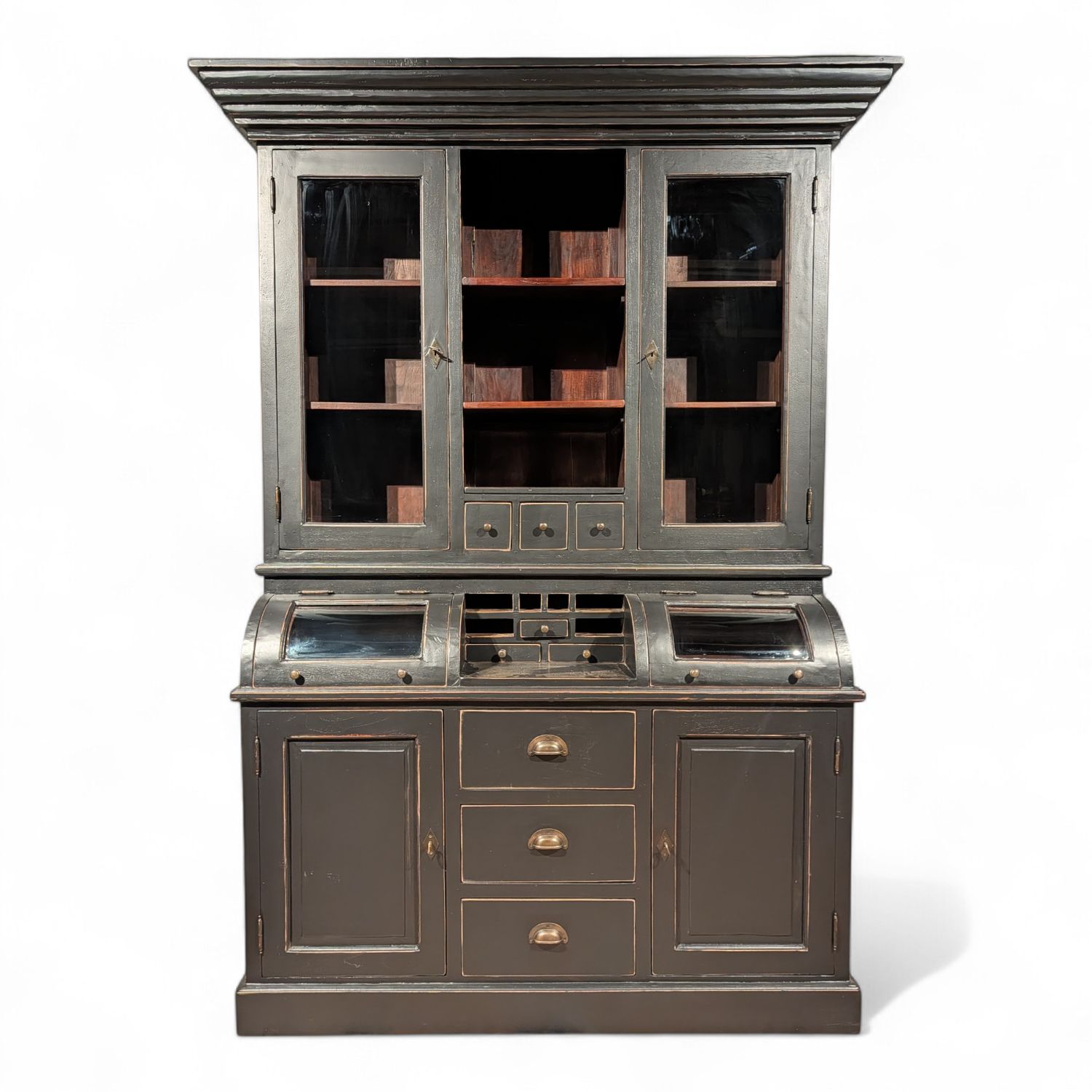 Grutterskast buffetkast zwart landelijk – teakhout met bolglas kleppen