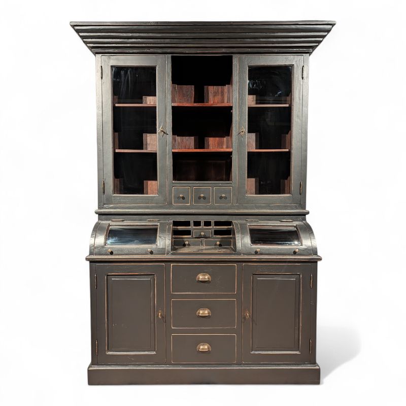 Grutterskast buffetkast zwart landelijk – teakhout met bolglas kleppen