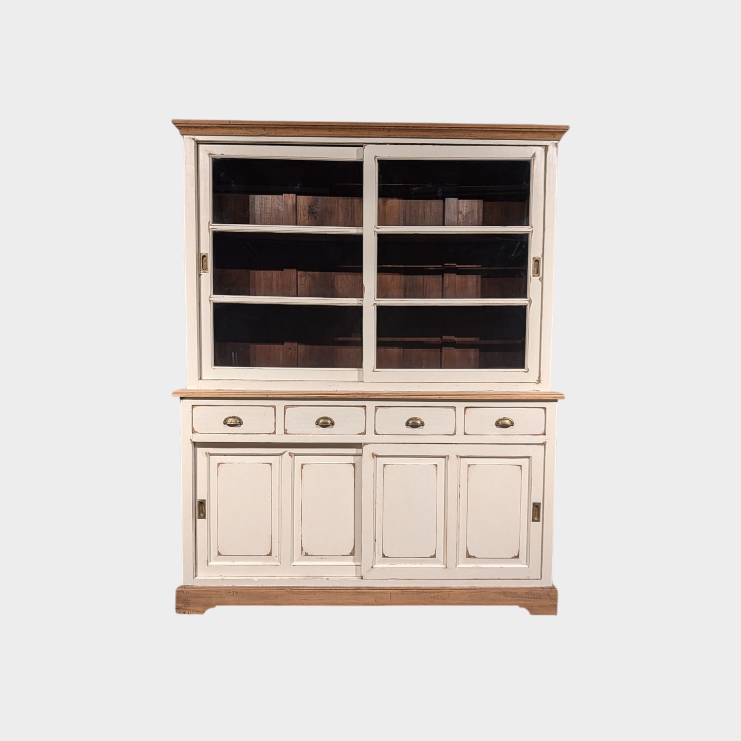 Buffetkast teakhout landelijk – Vitrinekast met schuifdeuren – H 210 x B 167 x D 47