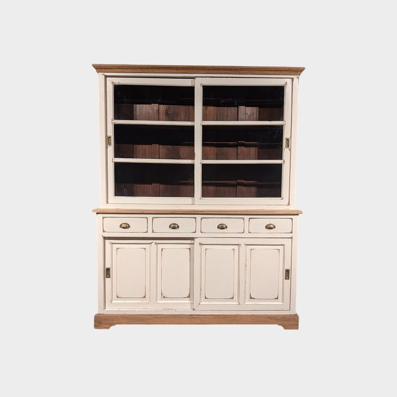 Buffetkast teakhout landelijk – Vitrinekast met schuifdeuren – H 210 x B 167 x D 47