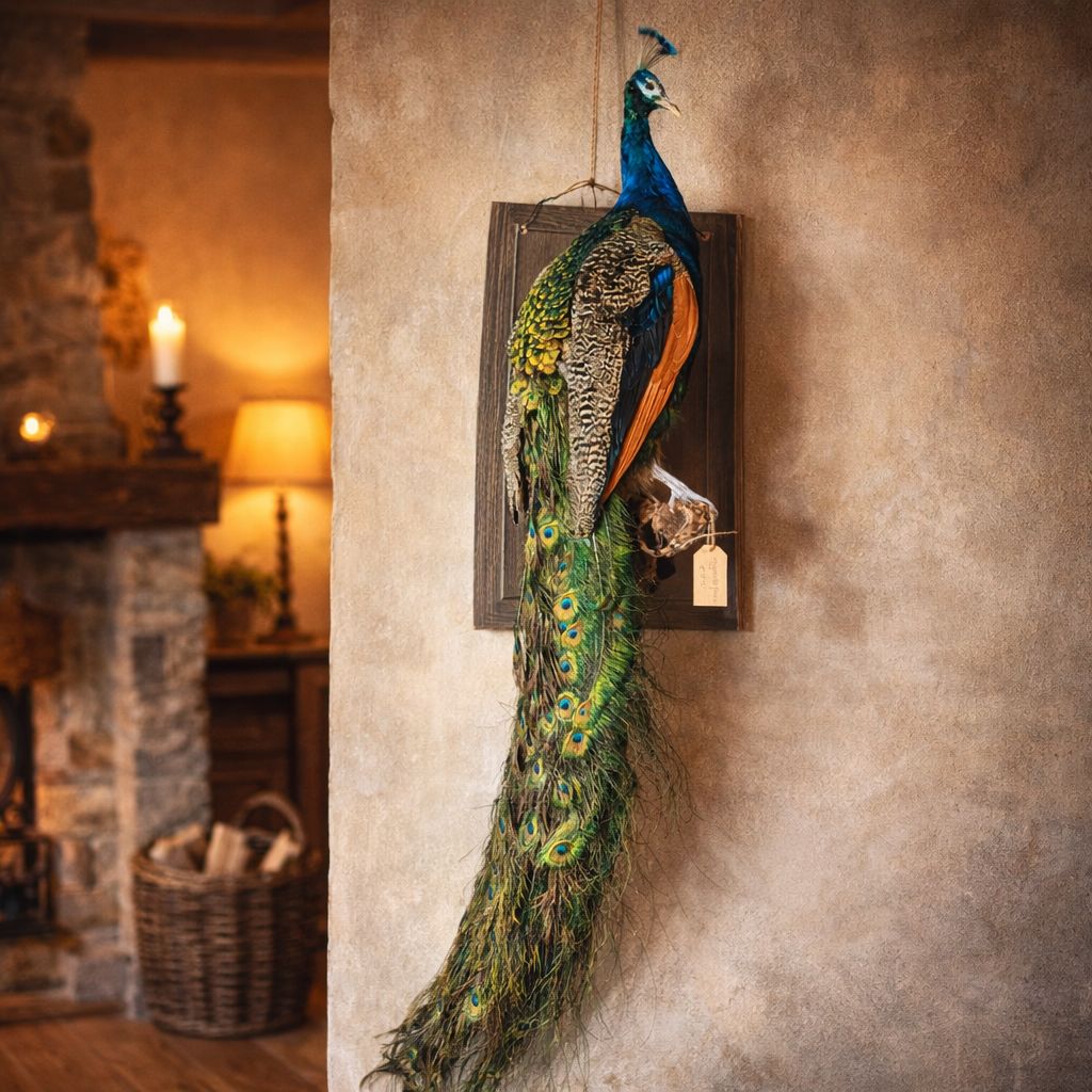 Opgezette blauwe op voetstuk met lange staart als exclusief decoratief object.