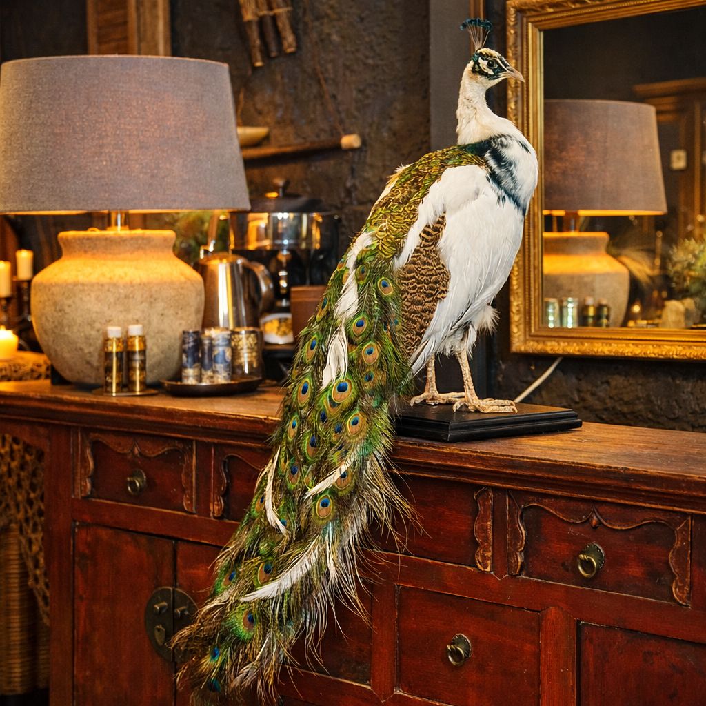 Opgezette witte pauw en voetstuk met lange staart als exclusief decoratief object