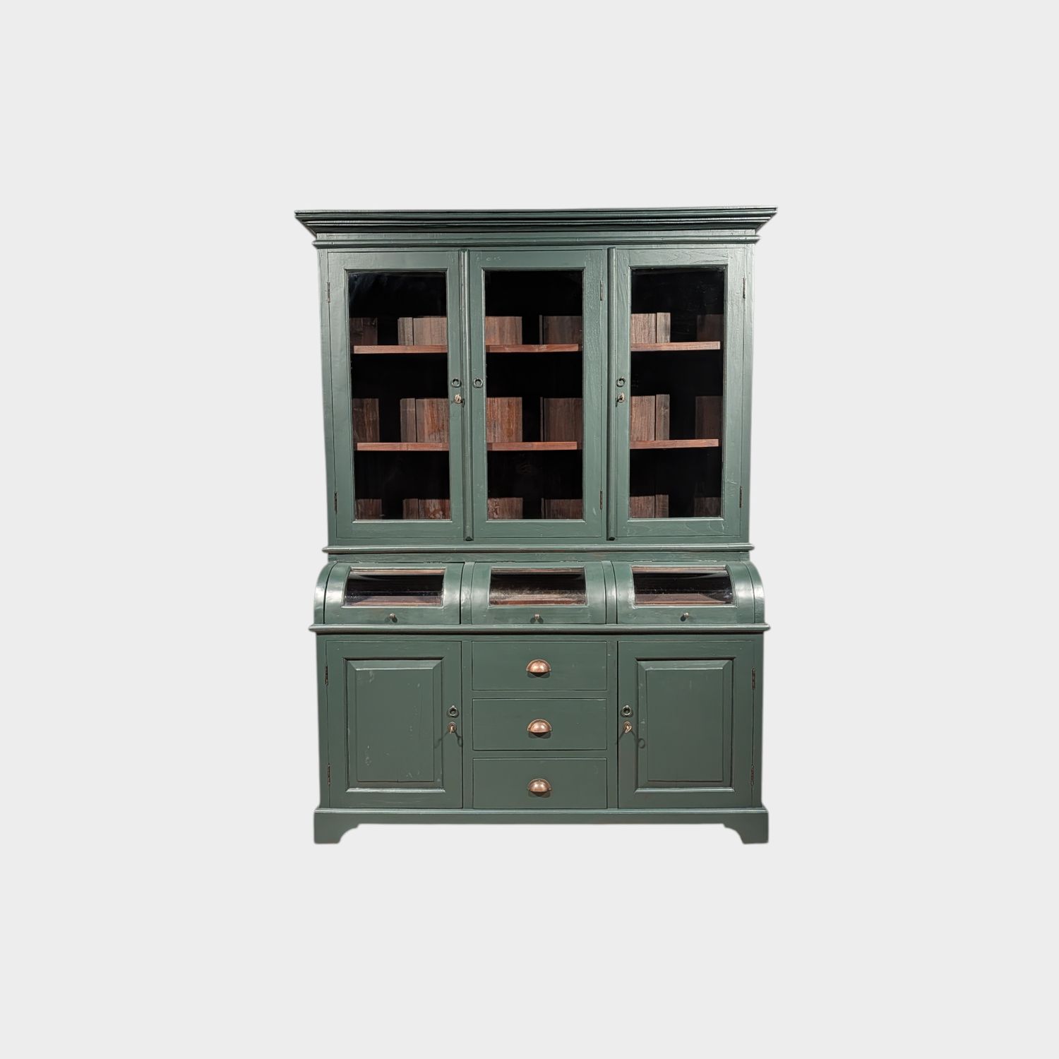 Gemüseladenschrank aus Teak-Kiefer mit Vitrine und Schubladen – Sideboard im Landhausstil